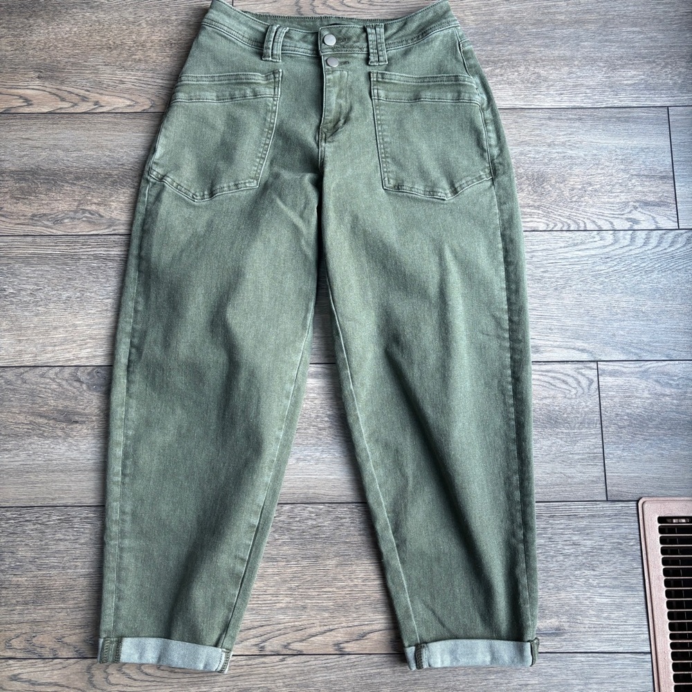 Flamingals Barrel Leg Olive Green Denim Cuffed Cropped Jeans #266479 Sz Small
